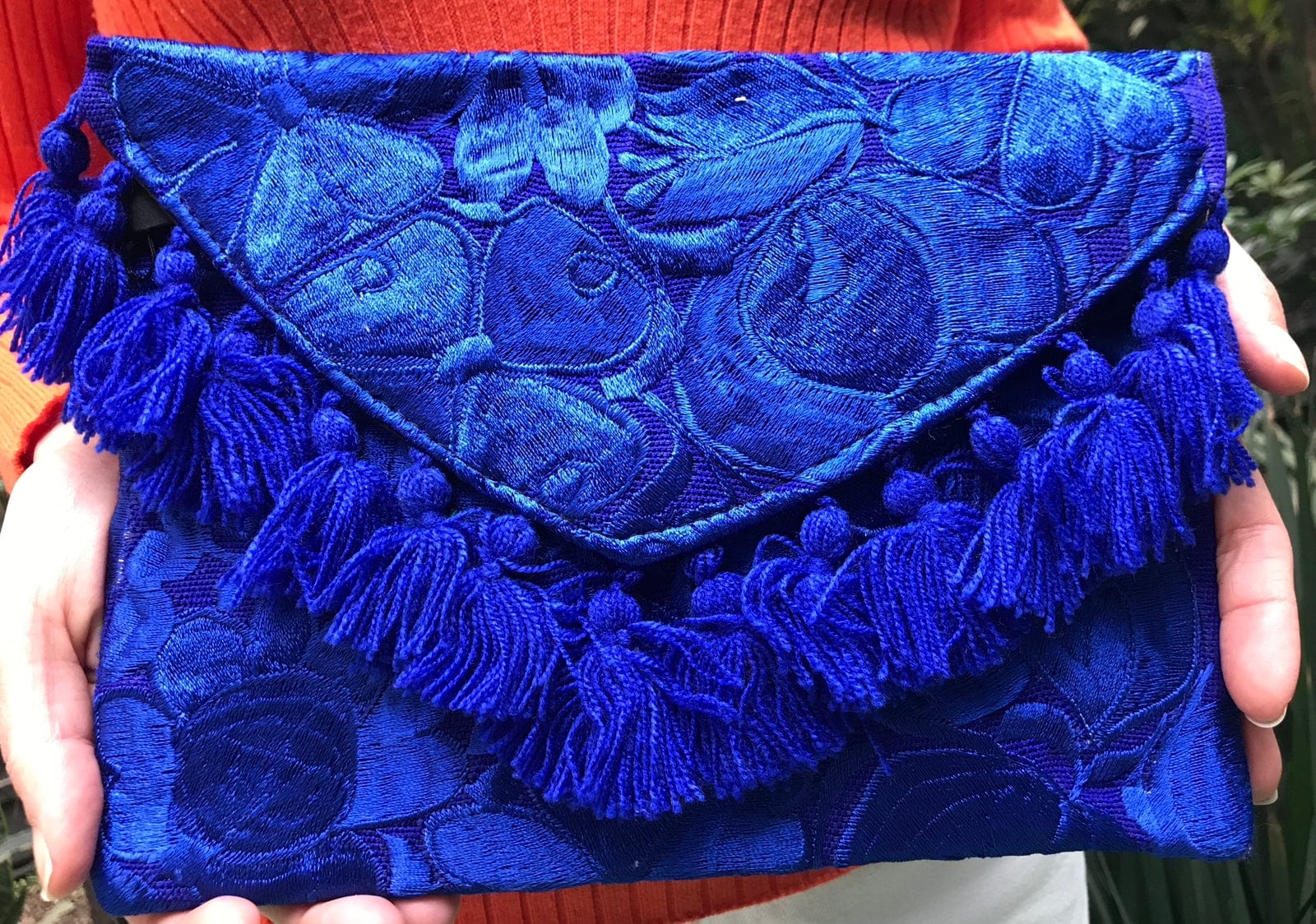 Casa Tlapali Blue Embroidered Clutch with Tassels
