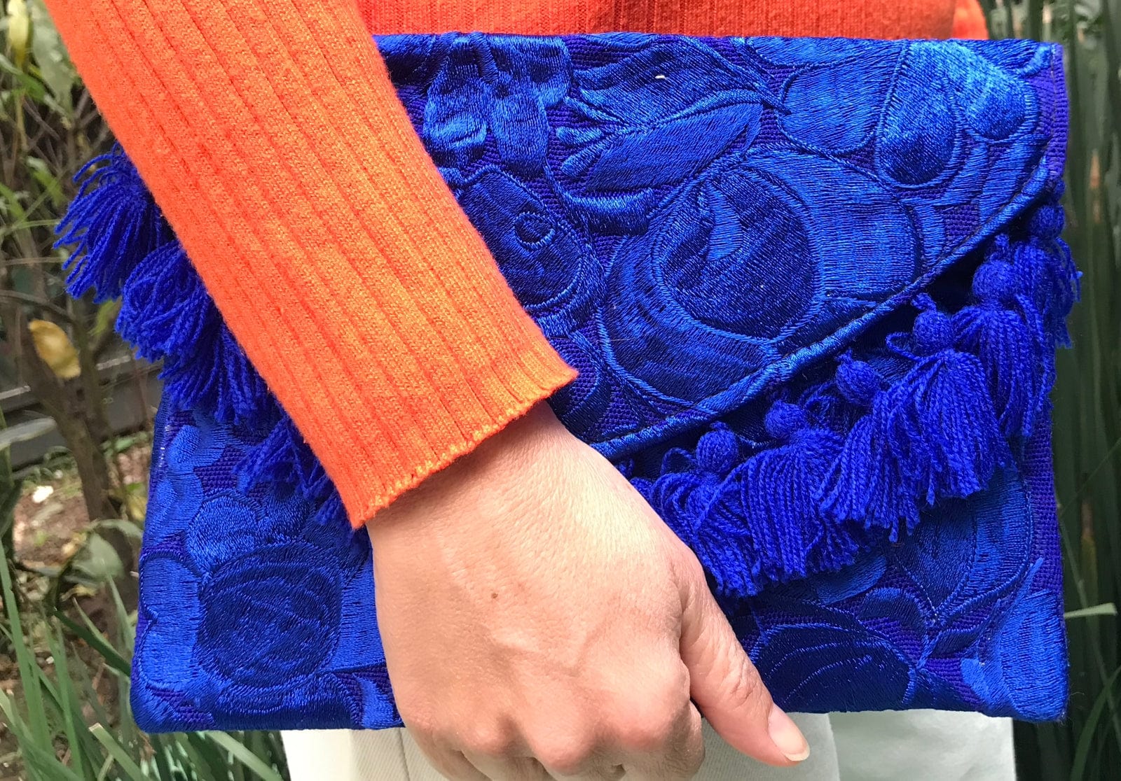 Casa Tlapali Blue Embroidered Clutch with Tassels