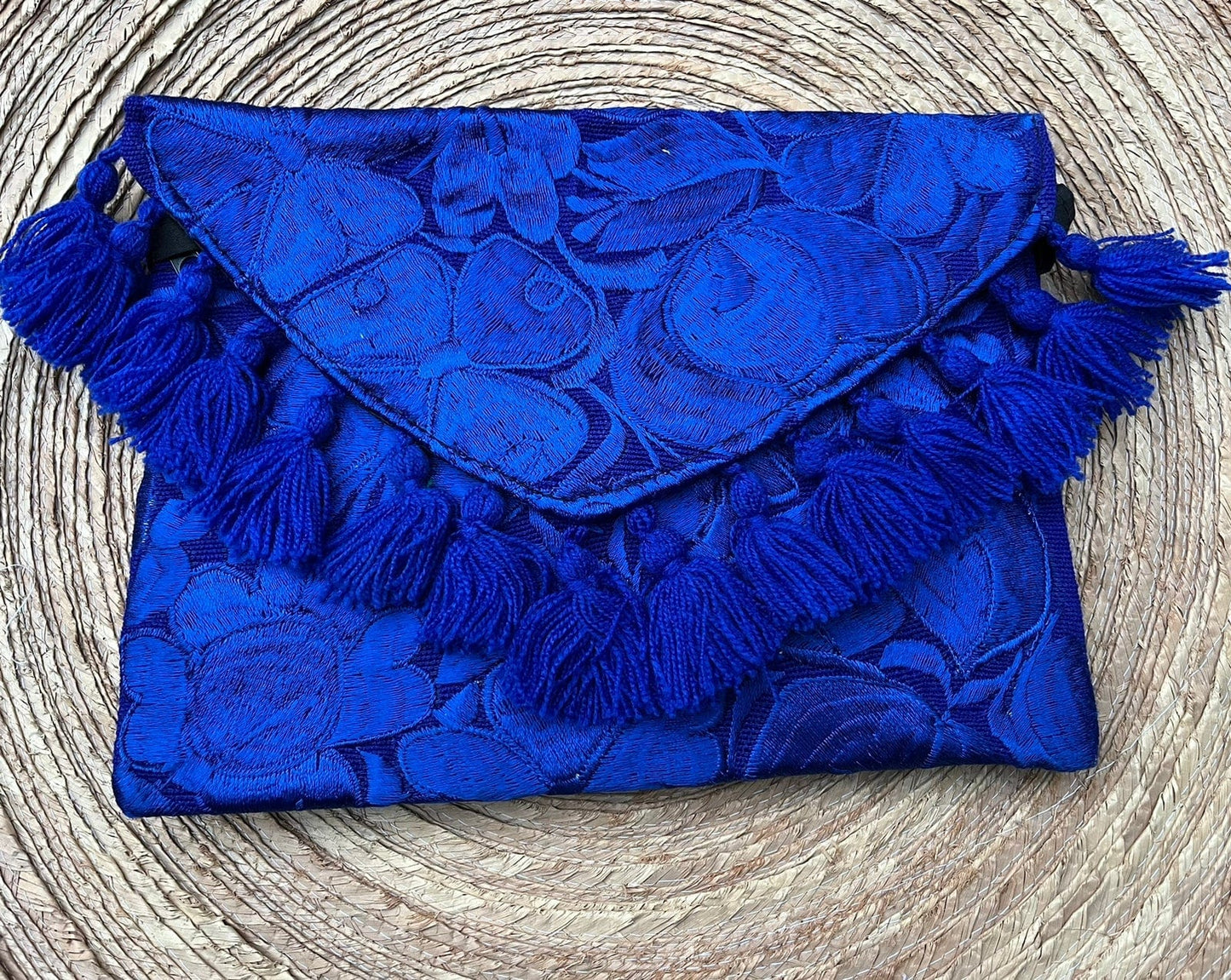 Casa Tlapali Blue Embroidered Clutch with Tassels